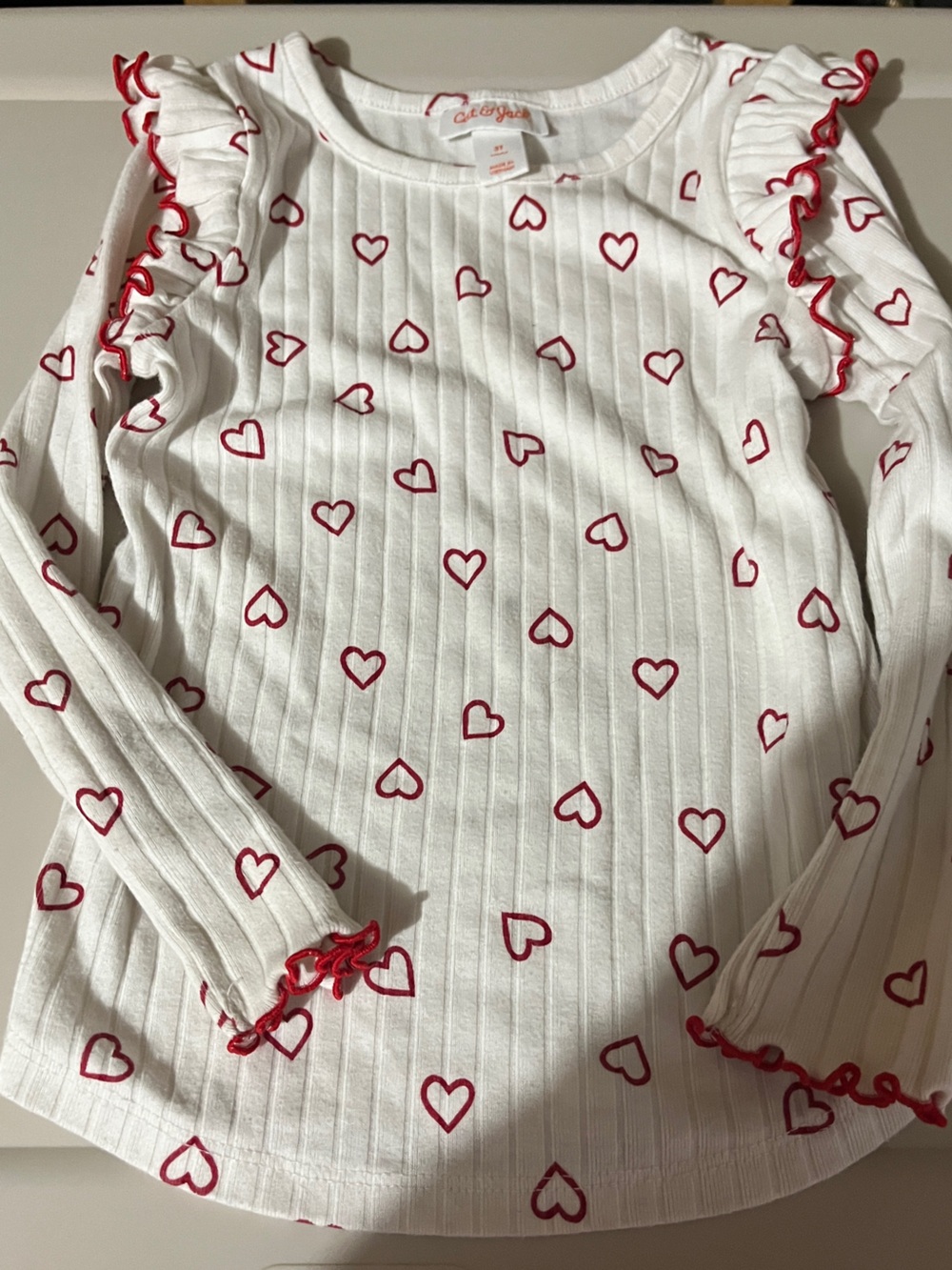 Cat & Jack White Ribbed Long Sleeve Tee with Red Heart Trim